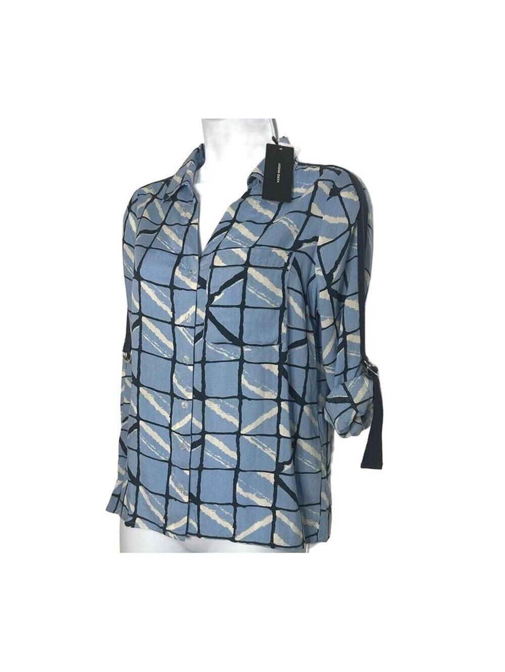 NWT Vero Moda Geometric Print Button Down Blouse Long Roll-Up Sleeve Blue XS